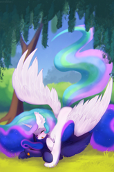 Size: 1500x2271 | Tagged: safe, artist:astralblues, imported from derpibooru, princess celestia, princess luna, alicorn, pony, blushing, hape, hug, personal space invasion, royal sisters, siblings, sisters