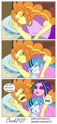 Size: 1280x2748 | Tagged: safe, artist:crock2121, imported from derpibooru, adagio dazzle, aria blaze, sonata dusk, human, equestria girls, equestria girls series, annoyed, bed, comic, cuddle puddle, cuddling, cute, dialogue, female, open mouth, pillow, pony pile, siblings, sisters, sleeping, sonatabetes, teeth, the dazzlings