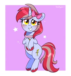 Size: 3100x3300 | Tagged: safe, artist:darkynez, imported from derpibooru, oc, oc only, oc:cinnamon lightning, pony, unicorn, bell, bell collar, blushing, bow, collar, floppy ears, grin, hair bow, looking at you, smiling, solo