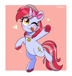 Size: 3100x3300 | Tagged: safe, artist:darkynez, imported from derpibooru, oc, oc only, oc:cinnamon lightning, pony, unicorn, bell, bell collar, bipedal, blushing, bow, collar, hair bow, heart, one eye closed, raspberry, smiling, solo, tongue out, unshorn fetlocks, wink