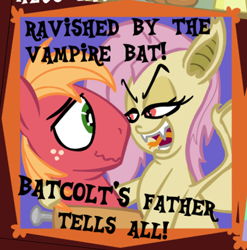 Size: 435x440 | Tagged: safe, artist:brutamod, edit, imported from derpibooru, big macintosh, fluttershy, bat pony, earth pony, pony, bat ponified, bedroom eyes, cropped, fangs, female, flutterbat, fluttermac, forked tongue, implied pregnancy, looking at each other, looking at someone, male, race swap, shipping, smiling, straight, text, tongue out, wavy mouth