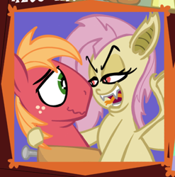 Size: 435x440 | Tagged: safe, alternate version, artist:brutamod, edit, imported from derpibooru, big macintosh, fluttershy, bat pony, earth pony, pony, bat ponified, bedroom eyes, cropped, fangs, female, flutterbat, fluttermac, forked tongue, hoof around neck, looking at each other, looking at someone, male, race swap, shipping, smiling, straight, textless, textless edit, tongue out, wavy mouth