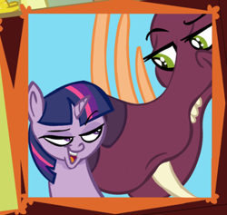 Size: 460x436 | Tagged: safe, alternate version, artist:brutamod, edit, imported from derpibooru, twilight sparkle, alicorn, pony, tri-horned bunyip, bedroom eyes, crack shipping, cropped, female, interspecies, looking at each other, looking at someone, mare, shipping, text, textless, textless edit, twilight sparkle (alicorn)