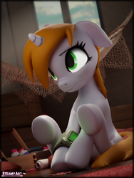 Size: 2880x3840 | Tagged: safe, artist:steamyart, imported from derpibooru, oc, oc:littlepip, pony, unicorn, fallout equestria, 3d, blender, cute, drugs, female, floppy ears, looking up, mare, pills, pipbuck, sitting, solo