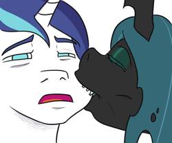 Size: 806x672 | Tagged: safe, artist:jargon scott, imported from derpibooru, queen chrysalis, shining armor, changeling, changeling queen, pony, unicorn, affectionate biting, biting, bust, eyes closed, female, infidelity, love bite, male, no pupils, open mouth, sharp teeth, shining chrysalis, shipping, simple background, stallion, straight, teeth, white background