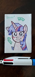Size: 1024x2273 | Tagged: safe, artist:redapropos, imported from derpibooru, twilight sparkle, alicorn, pony, bic pen, book, bust, emanata, female, irl, mare, pen, pen drawing, pen sketch, photo, portrait, sketch, smiling, solo, that pony sure does love books, traditional art, wat, wat in the description