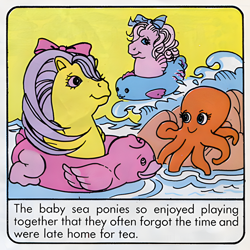 Size: 900x900 | Tagged: safe, imported from derpibooru, sea star, surf rider, octopus, sea pony, comic:my little pony (g1), baby, baby sea ponies, bow, female, first world problems, floaty, g1, hair bow, official, official comic, pool toy, scan, the strange shell, trio, upscaled