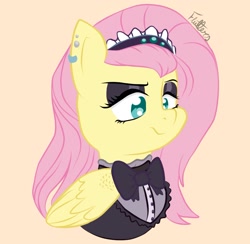 Size: 2115x2065 | Tagged: safe, artist:flutterbeshy18, imported from derpibooru, fluttershy, pegasus, pony, bust, ear piercing, earring, eyeshadow, female, fluttergoth, headdress, jewelry, makeup, mare, orange background, piercing, signature, simple background, solo