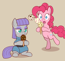 Size: 1600x1500 | Tagged: safe, artist:sazanamibd, imported from derpibooru, maud pie, pinkie pie, earth pony, pony, accident, beige background, bipedal, dropping, duo, duo female, female, food, ice cream, ice cream cone, licking, mare, moments before disaster, simple background, tan background, tongue out