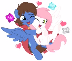 Size: 4096x3450 | Tagged: safe, artist:jhayarr23, imported from derpibooru, oc, oc only, oc:bizarre song, oc:sugar morning, pegasus, pony, female, happy, heart, hug, hug from behind, male, mare, oc x oc, one eye closed, shipping, simple background, spread wings, stallion, straight, sugarre, white background, wings