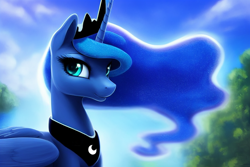 Size: 1920x1280 | Tagged: safe, derpibooru exclusive, editor:dovakkins, imported from derpibooru, princess luna, alicorn, pony, ai content, ai generated, beautiful, bust, crown, ethereal mane, female, flowing mane, galaxy mane, generator:stable diffusion, jewelry, mare, peytral, regalia, smiling, solo