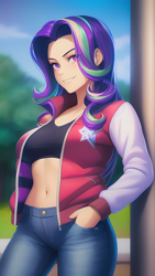 Size: 864x1536 | Tagged: safe, editor:sammykun, imported from derpibooru, starlight glimmer, human, equestria girls, ai content, ai generated, beautiful, belly, belly button, clothes, column, denim, female, generator:novelai, generator:stable diffusion, humanized, jacket, jeans, looking at you, pants, pockets, reference used, smiling, solo, varsity jacket