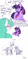 Size: 1552x3328 | Tagged: safe, artist:kaifeather, imported from derpibooru, princess celestia, twilight sparkle, alicorn, pony, ..., babygirl, comic, curved horn, dialogue, female, horn, implied incest, implied lesbian, implied princest, implied shipping, innocent, mare, simple background, speech bubble, twilight sparkle (alicorn), white background