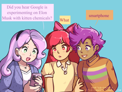 Size: 1280x960 | Tagged: safe, artist:smartasticalart, imported from derpibooru, apple bloom, scootaloo, sweetie belle, human, apple bloom's bow, bow, cellphone, cutie mark crusaders, dialogue, google experimenting on elon musk with kitten chemicals, hair bow, humanized, light blue background, meme, phone, ponymagnets, simple background, smartphone, speech bubble