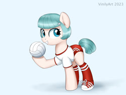 Size: 1072x812 | Tagged: safe, artist:vinilyart, imported from derpibooru, oc, oc only, oc:adis, earth pony, pony, ball, clothes, female, grin, hairclip, holding, hoof shoes, looking at you, mare, not coco, shirt, shoes, shorts, simple background, smiling, sneakers, socks, solo, sports, sports outfit, sports shorts, volleyball, white background