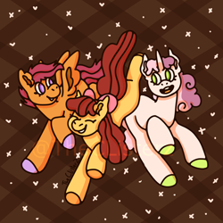 Size: 2048x2048 | Tagged: safe, artist:theclisterz, imported from derpibooru, apple bloom, scootaloo, sweetie belle, earth pony, pegasus, pony, unicorn, apple bloom's bow, bow, cutie mark crusaders, female, filly, foal, hair bow, simple background