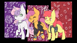 Size: 1798x1011 | Tagged: safe, artist:chillykitty, imported from derpibooru, apple bloom, scootaloo, sweetie belle, earth pony, pegasus, pony, unicorn, apple bloom's bow, bow, clothes, cutie mark crusaders, emo, female, filly, foal, goth, hair bow, nonbinary, pride flag, punk