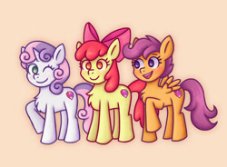 Size: 1130x831 | Tagged: safe, artist:memethyst-art, imported from derpibooru, apple bloom, scootaloo, sweetie belle, earth pony, pegasus, pony, unicorn, apple bloom's bow, bow, chest fluff, cutie mark crusaders, female, filly, foal, hair bow, one eye closed, open mouth, open smile, orange background, raised hoof, simple background, smiling, wink