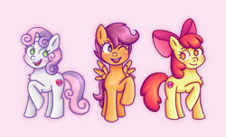 Size: 1000x609 | Tagged: safe, artist:memethyst-art, imported from derpibooru, apple bloom, scootaloo, sweetie belle, earth pony, pegasus, pony, unicorn, apple bloom's bow, bow, cutie mark crusaders, female, filly, foal, hair bow, one eye closed, open mouth, open smile, pink background, raised hoof, simple background, smiling, wink