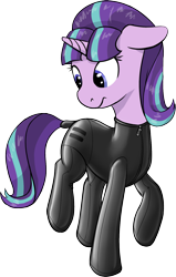 Size: 1012x1593 | Tagged: safe, artist:barhandar, imported from twibooru, starlight glimmer, pony, unicorn, blue eyes, equal cutie mark, female, floppy ears, horn, image, latex, latex suit, looking at butt, looking at something, looking back, mare, png, purple coat, raised hoof, raised leg, s5 starlight, seams, simple background, solo, tail wrap, transparent background, two toned mane, two toned tail, zipper