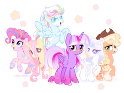 Size: 1024x768 | Tagged: safe, artist:softpinkpony, imported from derpibooru, applejack, fluttershy, pinkie pie, rainbow dash, rarity, twilight sparkle, alicorn, changeling, earth pony, original species, pegasus, pony, unicorn, zebra, alternate design, female, g4, mane six, mare, redesign, simple background, smiling, stars, watermark, white background