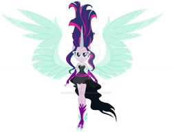 Size: 1024x797 | Tagged: safe, artist:lovemonsterhigh123, imported from twibooru, sci-twi, twilight sparkle, equestria girls, alternate universe, clothes, floating, glasses, gloves, high heel shoes, horn, image, midnight sparkle, needs more jpeg, retro, transformation, wings