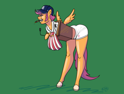 Size: 1188x904 | Tagged: safe, artist:brutamod, imported from derpibooru, scootaloo, anthro, pegasus, unguligrade anthro, 2021, arm hooves, baseball cap, baseball jersey, bent over, cap, cigar, clothes, female, green background, hat, lectern, mare, mouth hold, old art, older, older scootaloo, sideburns, simple background, spread wings, uniform, wings