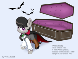 Size: 2092x1588 | Tagged: safe, artist:vinilyart, imported from derpibooru, octavia melody, bat, pony, undead, vampire, vampony, cape, clothes, coffin, dracula, eyebrows, eyebrows visible through hair, fangs, female, lavender background, looking at you, mare, simple background, solo, spanish, text, translated in the description