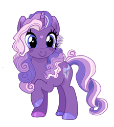 Size: 1331x1495 | Tagged: safe, artist:vernorexia, imported from derpibooru, wysteria, pony, unicorn, alternate cutie mark, alternate design, alternate hairstyle, blue eyes, blushing, coat markings, colored hooves, curly hair, curly tail, facial markings, female, flower, flower in hair, g3, g3 to g4, g4, generation leap, gradient ears, gradient horn, heart, heart mark, hooves, horn, mare, princess wysteria, purple coat, race swap, raised hoof, redesign, show accurate, simple background, solo, star (coat marking), tail, transparent background, wisteria