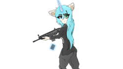 Size: 3840x2160 | Tagged: safe, artist:straighttothepointstudio, imported from derpibooru, oc, oc only, anthro, unicorn, 4k, anime, anthro oc, assault rifle, blue eyes, blue hair, clothes, digital art, ear fluff, eyebrows, female, fn scar, frown, g5, glowing, glowing horn, gun, high res, horn, jacket, levitation, long hair, looking back, magic, pants, reloading, rifle, simple background, solo, telekinesis, transparent background, unicorn oc, visor, weapon, wrinkles