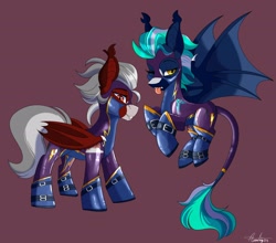 Size: 2048x1800 | Tagged: safe, artist:aurorafang, imported from derpibooru, oc, oc:aurora dusk(fireverse), oc:crimson skies(fireverse), bat pony, boots, duo, duo female, female, fireheart76's latex suit design, kink, latex, latex boots, latex suit, mare, prisoners of the moon, rubber, rubber suit, shadowbolts, shoes, straps, tongue out