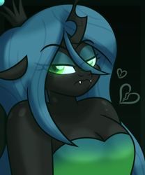 Size: 4320x5200 | Tagged: safe, artist:iceflower99, imported from derpibooru, queen chrysalis, anthro, changeling, changeling queen, boob freckles, breasts, broken hearts, busty queen chrysalis, chest freckles, clothes, crown, dark background, dress, eye clipping through hair, fangs, freckles, green eyes, jewelry, regalia, shoulder freckles, simple background, video at source, video in description