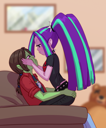 Size: 2668x3220 | Tagged: safe, artist:carnifex, imported from derpibooru, aria blaze, oc, oc:tokamak, human, comic:we will be adored, equestria girls, canon x oc, cheek squish, humanized, looking at each other, looking at someone, sitting on lap, squishy cheeks, straddling