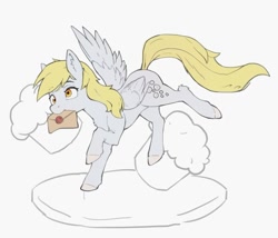 Size: 677x579 | Tagged: safe, artist:dundundun, imported from derpibooru, derpy hooves, pegasus, pony, food, letter, mouth hold, muffin, simple background, solo, spread wings, white background, wings