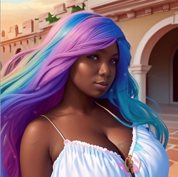 Size: 1883x1875 | Tagged: safe, imported from derpibooru, princess celestia, human, ai content, ai generated, au:eqcl, big breasts, blackwashing, breasts, bust, busty princess celestia, cleavage, dark skin, huge breasts, humanized, purple eyes, realistic, solo, watermark, white dress, windswept hair