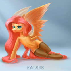 Size: 2000x2000 | Tagged: safe, artist:falses, imported from derpibooru, fluttershy, pony, semi-anthro, adorasexy, bedroom eyes, belly, belly button, clothes, collarbone, cute, digital art, eyelashes, eyes open, female, human shoulders, humanoid torso, legs, legs together, lineless, looking at you, mare, sexy, shading, shyabetes, slim, socks, solo, spread wings, spreading, stockings, tail, thigh highs, thighs, thin, wide hips, wings