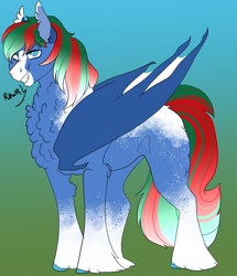 Size: 1760x2048 | Tagged: safe, artist:inisealga, imported from derpibooru, oc, oc only, oc:bacon hoodie, bat pony, pony, bat wings, chest fluff, coat markings, dialogue, facial markings, gradient background, male, markings, multicolored hair, multicolored mane, multicolored tail, neck fluff, rawr, socks (coat markings), solo, stallion, tail, text, wings