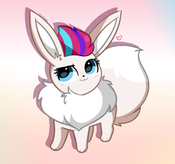 Size: 3669x3438 | Tagged: safe, artist:kittyrosie, imported from derpibooru, zipp storm, eevee, adorazipp, cute, g5, gradient background, heart, high res, pokefied, pokémon, signature, solo, species swap