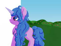 Size: 2048x1536 | Tagged: safe, artist:the crystal artist, derpibooru exclusive, imported from derpibooru, izzy moonbow, pony, unicorn, bush, curious, curly hair, curly mane, curly tail, dialogue, female, g5, grass, hmm, lineless, mare, random, random pony, shading, side view, silly, silly pony, smiling, solo, tail, text