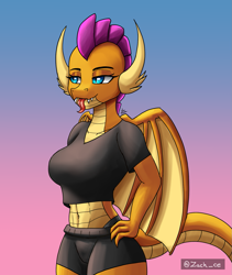 Size: 1383x1640 | Tagged: safe, artist:zachc, imported from derpibooru, smolder, anthro, dragon, :p, belly button, breasts, busty smolder, clothes, dragoness, fangs, female, gradient background, hand on hip, lizard breasts, midriff, panty straps, short shirt, shorts, solo, stupid sexy smolder, tongue out