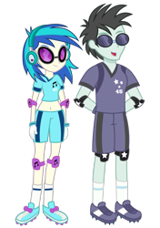 Size: 2048x2912 | Tagged: safe, artist:rj-streak, edit, imported from derpibooru, vector edit, dj pon-3, neon lights, rising star, vinyl scratch, human, equestria girls, belly button, clothes, duo, elbow pads, female, headphones, knee pads, male, mario strikers, midriff, shipping, simple background, soccer shoes, socks, straight, sunglasses, super mario strikers, transparent background, vector, vinylights