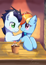 Size: 1240x1754 | Tagged: safe, artist:celedash, imported from derpibooru, rainbow dash, soarin', pegasus, pony, blushing, dinner, duo, female, food, ice cream, looking at each other, looking at someone, male, mare, romance, shipping, soarindash, stallion, straight