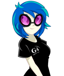 Size: 968x1150 | Tagged: safe, artist:rosemile mulberry, imported from derpibooru, dj pon-3, vinyl scratch, human, equestria girls, black shirt, blue hair, breasts, busty vinyl scratch, clothes, fangirl, female, glasses, in-universe pegasister, shirt, short hair, simple background, smiling, solo, vinyl's glasses, white background