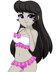 Size: 975x1244 | Tagged: safe, artist:rosemile mulberry, imported from derpibooru, octavia melody, human, equestria girls, equestria girls series, bare shoulders, belly button, breasts, cleavage, clothes, cute, female, simple background, sleeveless, smiling, solo, swimsuit, tavibetes, updated design, white background