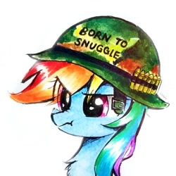 Size: 1491x1491 | Tagged: safe, artist:liaaqila, imported from derpibooru, rainbow dash, pegasus, pony, born to kill, bullet, bust, chest fluff, commission, cute, dashabetes, eye clipping through hair, female, full metal jacket, helmet, imma snuggle you, implied snuggling, mare, portrait, rainbow dash is not amused, scrunchy face, simple background, solo, traditional art, unamused, white background