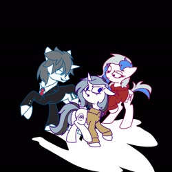 Size: 1920x1920 | Tagged: artist needed, dead source, safe, imported from derpibooru, oc, oc only, oc:atom willing, oc:ethan olivercine, oc:yvonne.k waverhoof, earth pony, pony, unicorn, black background, clothes, female, hoodie, male, mare, simple background, suit, trio