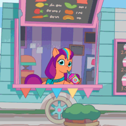 Size: 1920x1920 | Tagged: safe, imported from derpibooru, screencap, sunny starscout, earth pony, pony, animated, bag, brain freeze, calarts, commercial, cute, female, g5, gif, i watch it for the ears, mane stripe sunny, mare, my little pony: tell your tale, official, open mouth, open smile, saddle bag, smiling, smoothie, smoothie truck, solo, sunnybetes