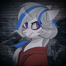 Size: 2160x2160 | Tagged: artist needed, safe, imported from derpibooru, oc, oc only, oc:yvonne.k waverhoof, earth pony, pony, clothes, female, hoodie, mare, nose wrinkle, solo