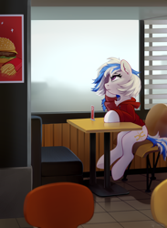 Size: 1530x2094 | Tagged: dead source, safe, artist:taneysha, imported from derpibooru, oc, oc only, oc:yvonne.k waverhoof, earth pony, pony, burger, clothes, fast food, female, food, french fries, hoodie, mare, sitting, solo
