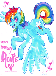 Size: 540x733 | Tagged: safe, artist:nekophoenix, imported from derpibooru, rainbow dash, pegasus, pony, happy birthday, simple background, solo, traditional art, white background